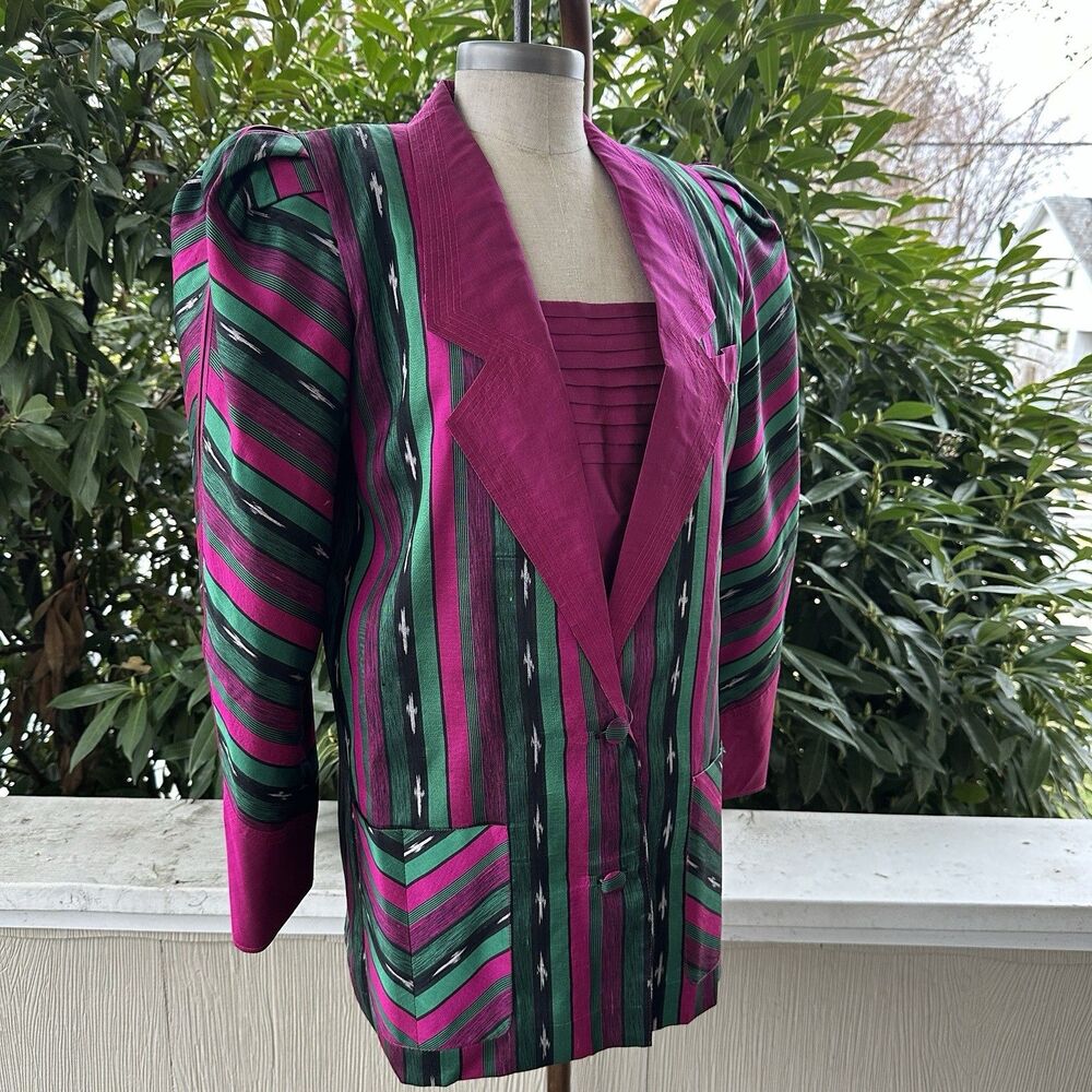 Vintage Jacket Set River Thai Silk Pink Green Striped Blazer Tank Belt 3 Pc